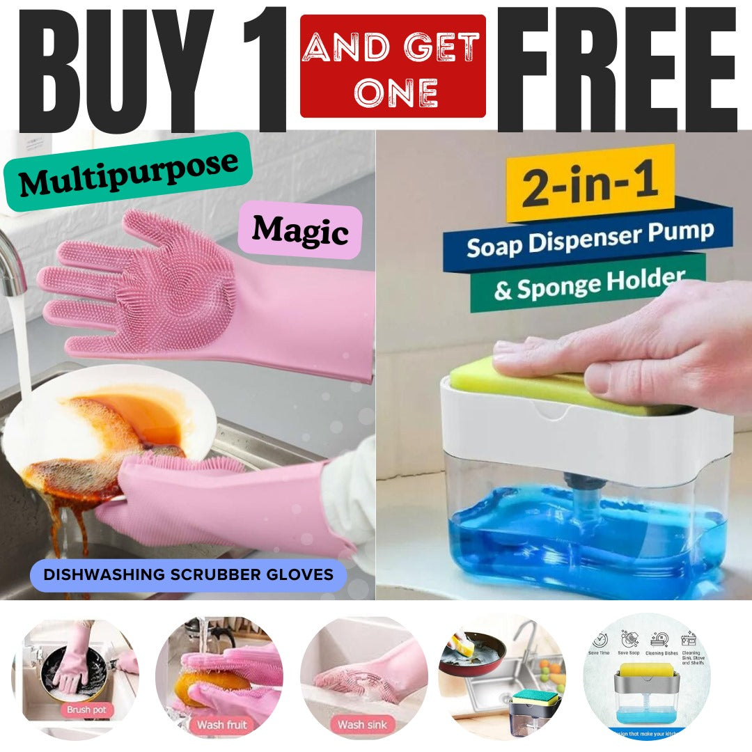 Special Discount Offer Buy 1 Get 1 Free (Magic reusable silicone gloves with wash scrubber) ✨ ( 2 in 1 soap dispenser pump & sponge holder) ✨